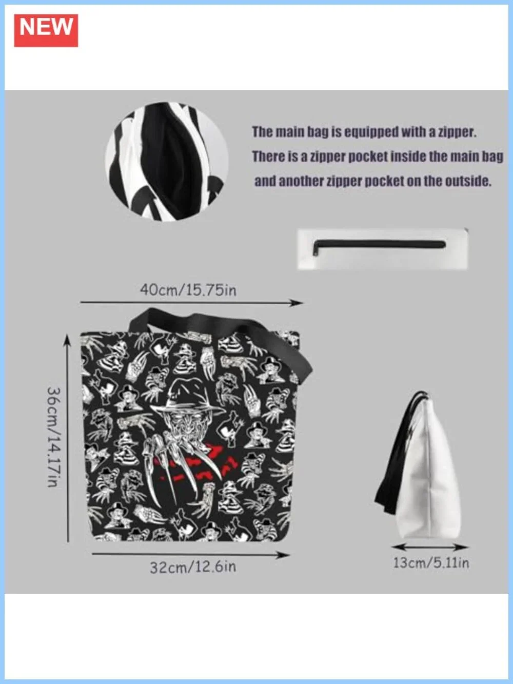Horror Movie Character Cotton Canvas Tote Bag with Zipper Pockets